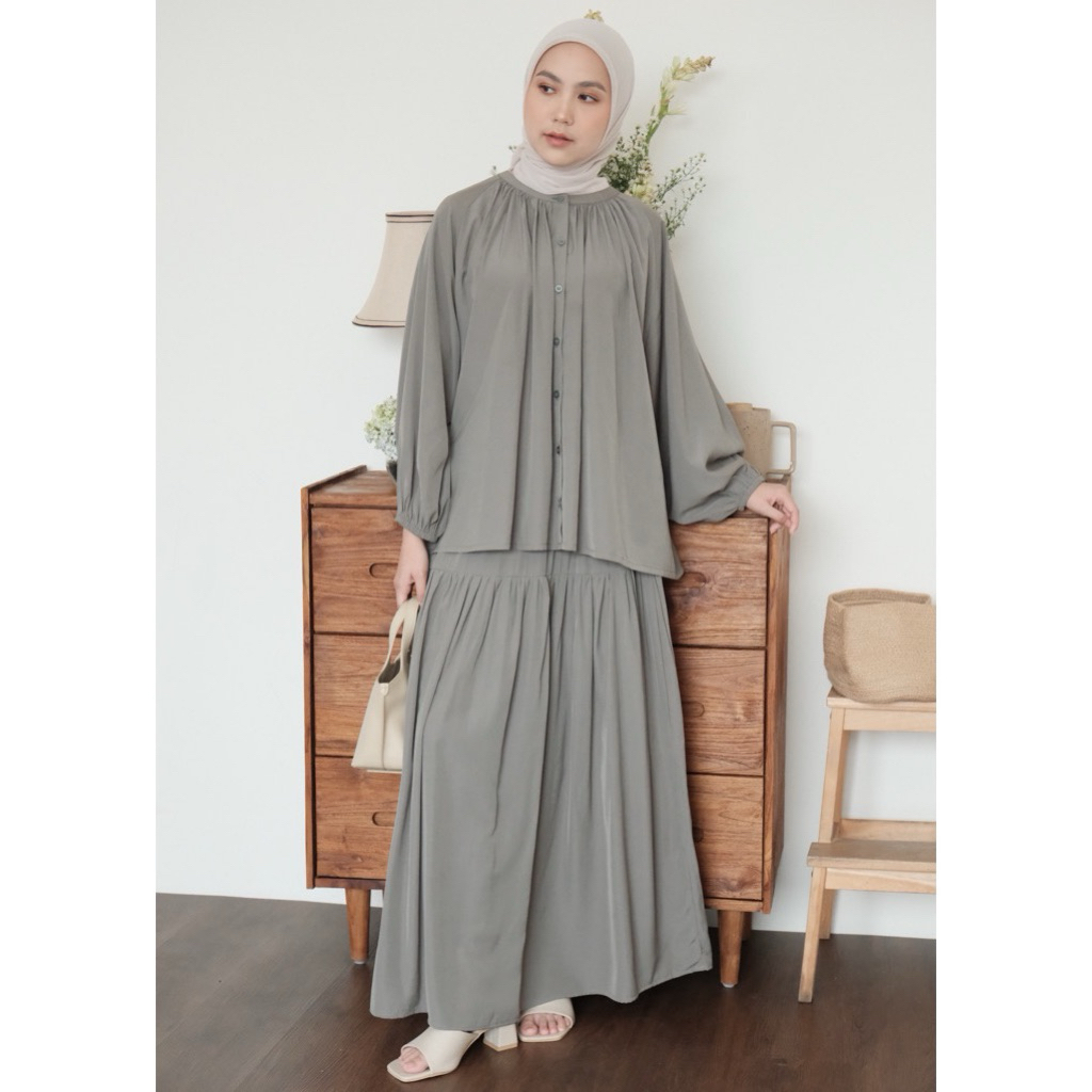 Nueta - Isla Set Skirt Black Onyx Wood Cinnamon Muted Olive Cloudy Size S M L XL Jastip Baju One Set