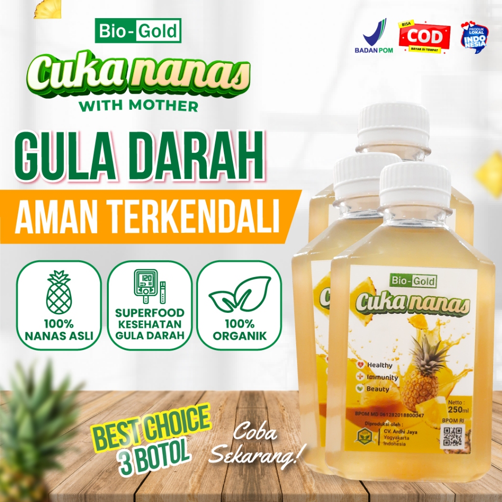 

PAKET 3 BOTOL Cuka Nanas Bio Gold 250 ml With Mother Fermentasi Organik Bantu Turunkan Gula Darah, Kolesterol, Diabetes, Asam Urat, Kebas dan Kesemutan