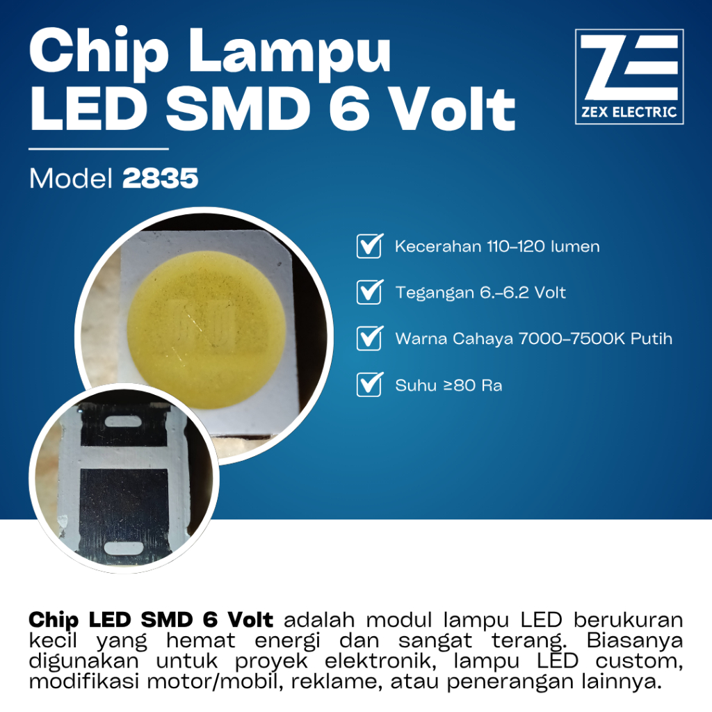 Chip LED SMD 2835 6V 110-120 Lumen ZEX Electric - LED Component White 7000K Awet Tahan Lama