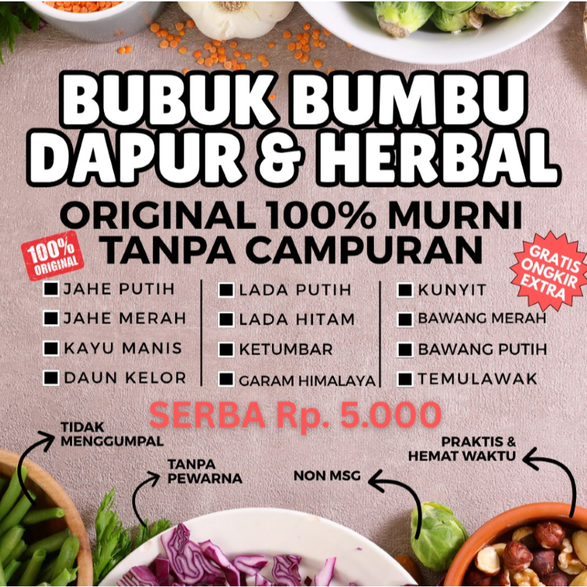 

Bubuk Bumbu Dapur Lengkap Asli 100% Tanpa Campuran Jahe Merah Kayu Manis Lada Putih Merica Kunyit Bawang Merah