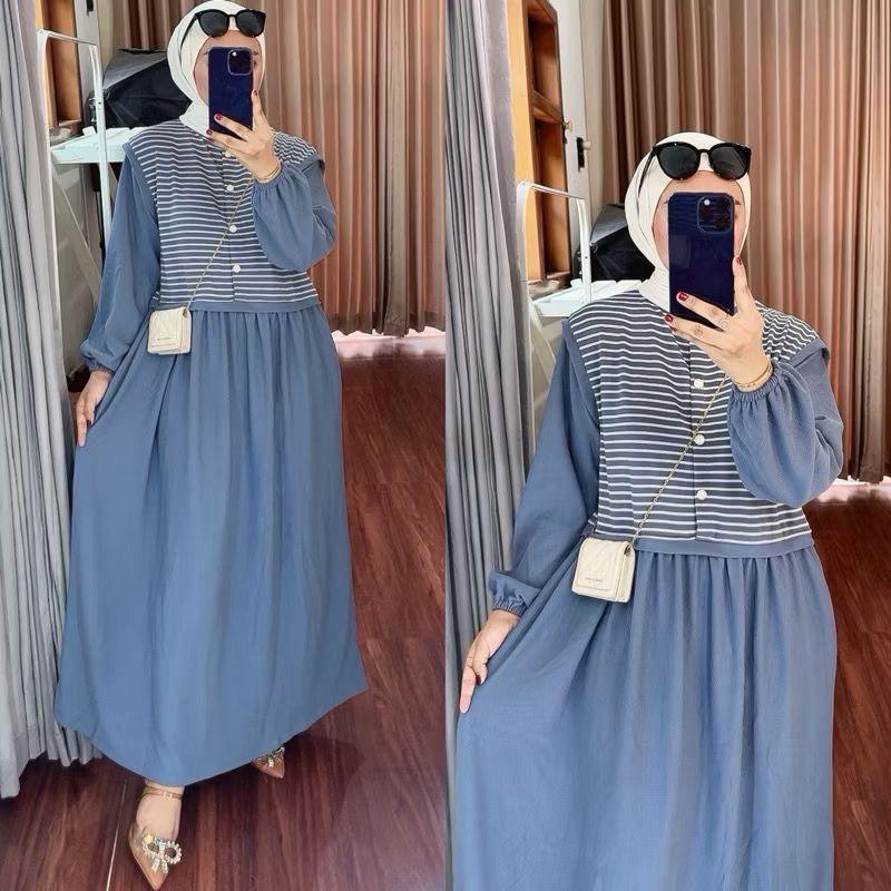 Azoya Midi Dress motif salur / Gamis Midi Dress Terbaru
