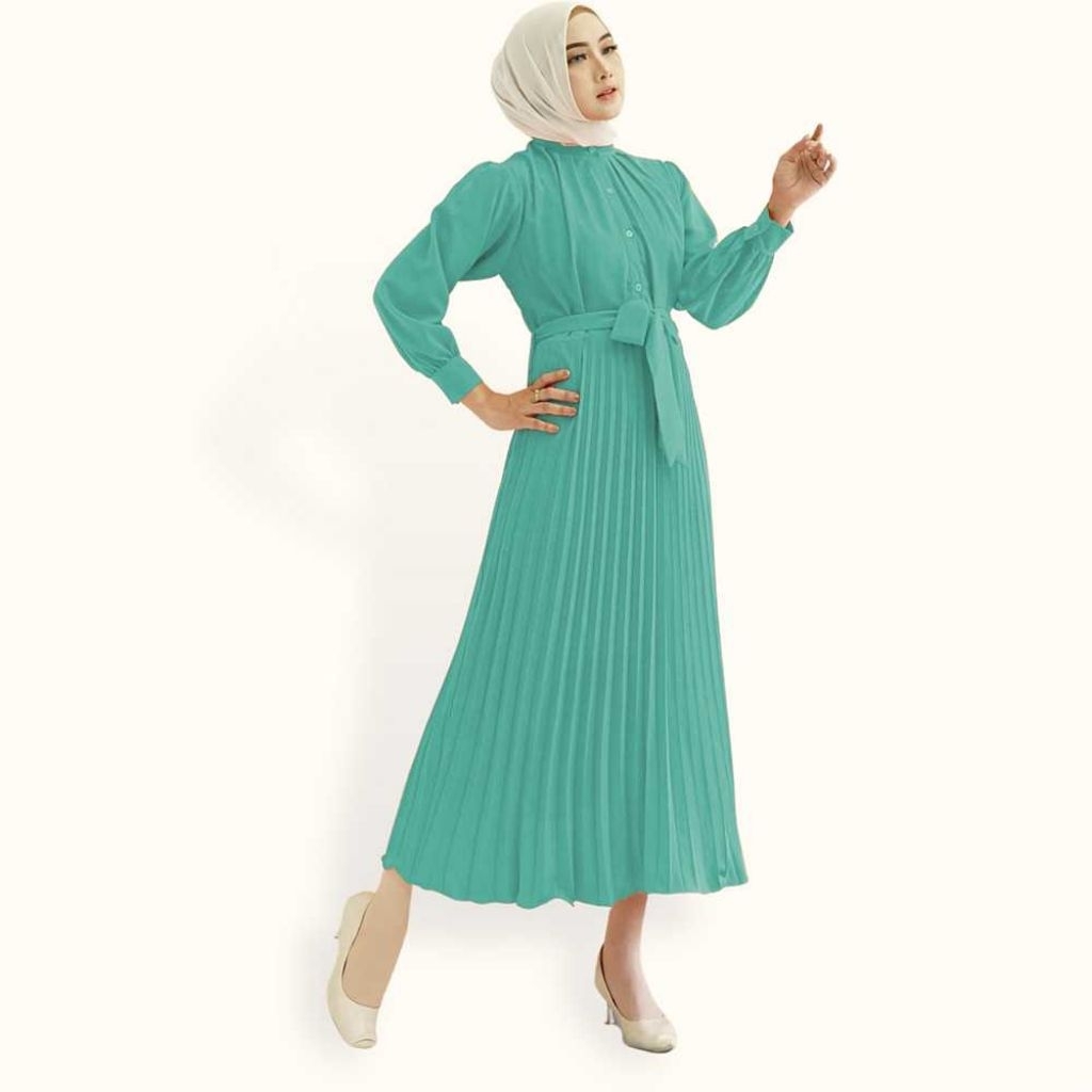 Long Gamis Muslim Dress Ploi Plisket Lengan Panjang Wanita Gaya Korea Model Terbaru - Jfashion Peacc