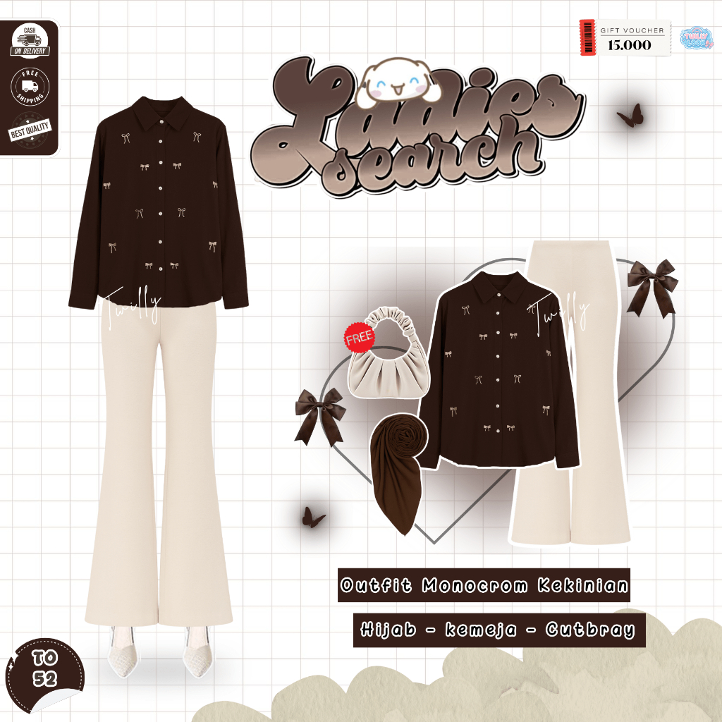 TWILLY - Hijab Style Outfit Korea | Hijab Bella Maholgany, Kemeja Katun Coklat Tua, Celana Cutbray C