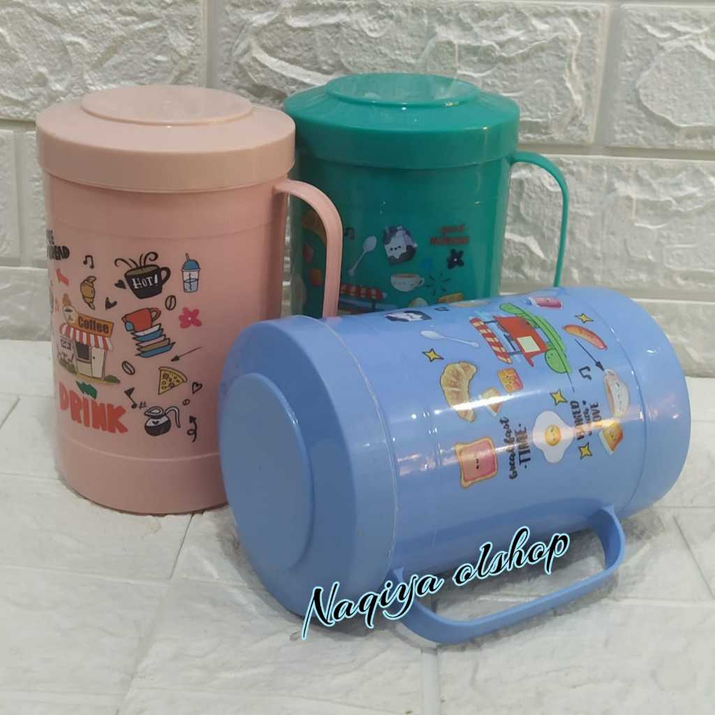 Mug Tutup bahan plastik tebal / Gelas Jumbo/Gelas Tutup plastik Estetik 1 liter