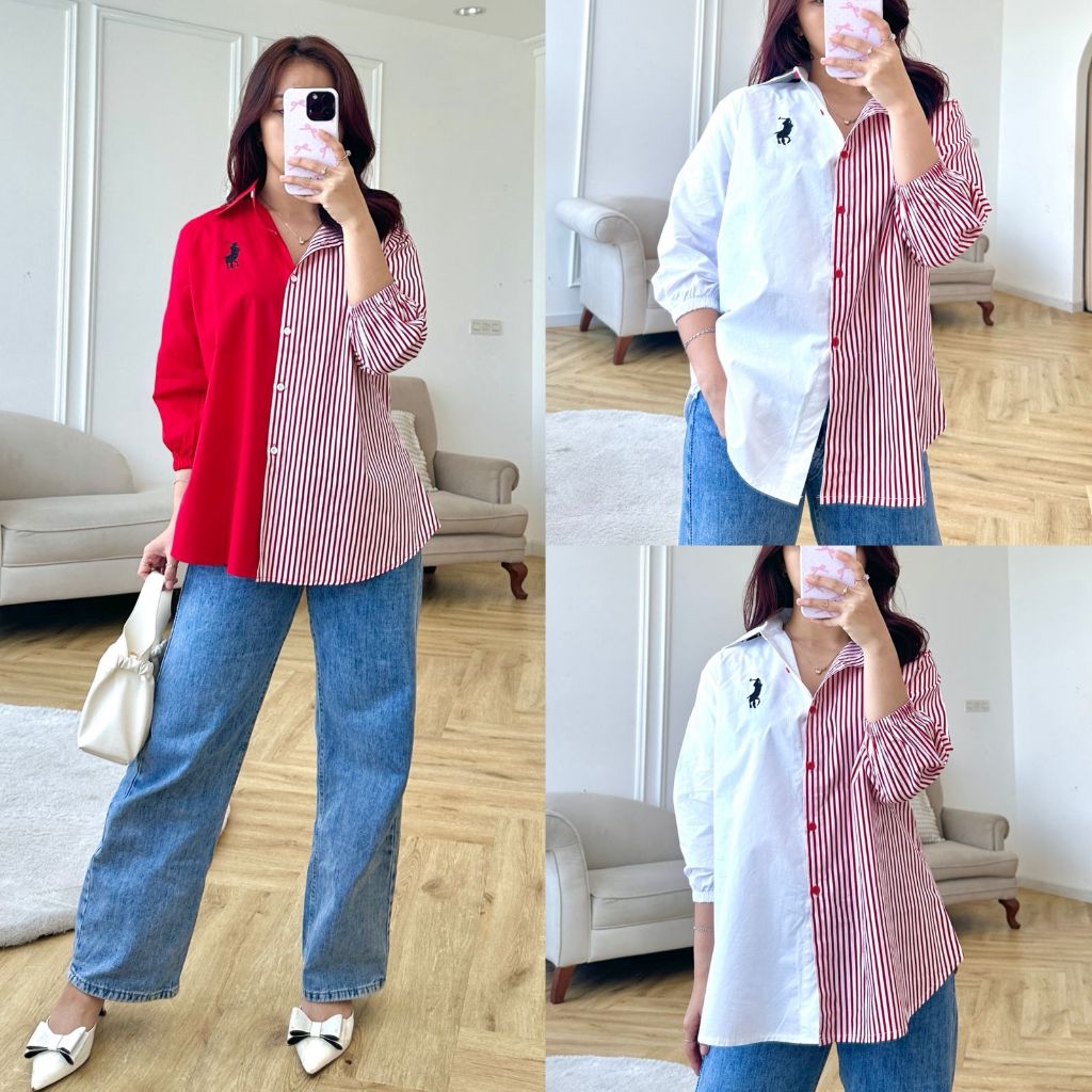 MBO ATASAN KEMEJA MERAH PUTIH WANITA BAHAN KATUN SALUR BORDIR LOGO VIRAL