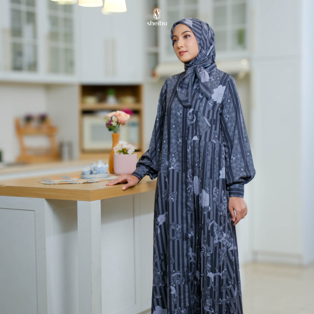 Sheibu Alesha Dress Gamis Muslim Wanita Motif Printing Formal Hijab Syari Adem Tidak Menerawang