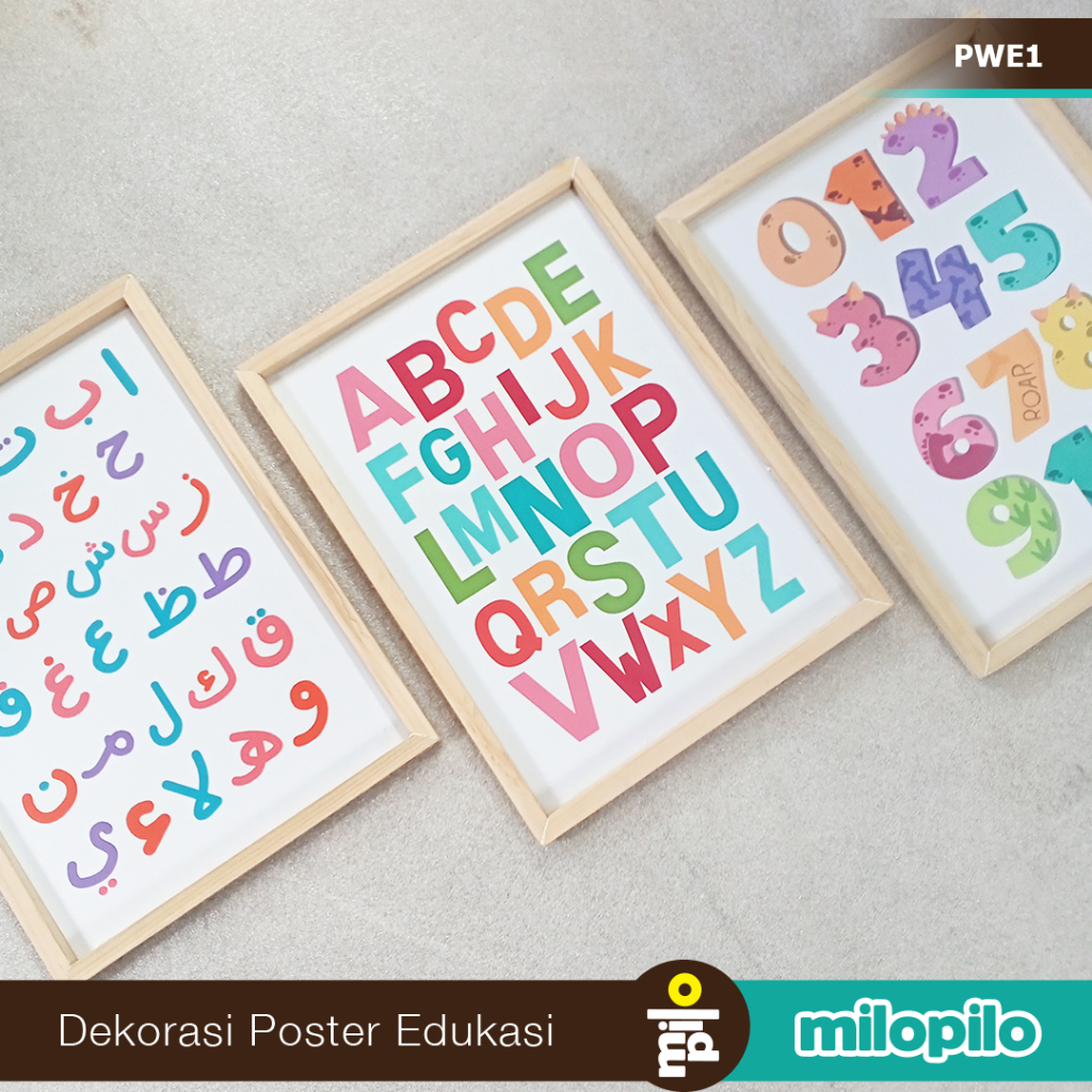 Poster Edukasi Anak mengenal angka huruf alphabet, hijaiyah dengan bingkai Aesthetic