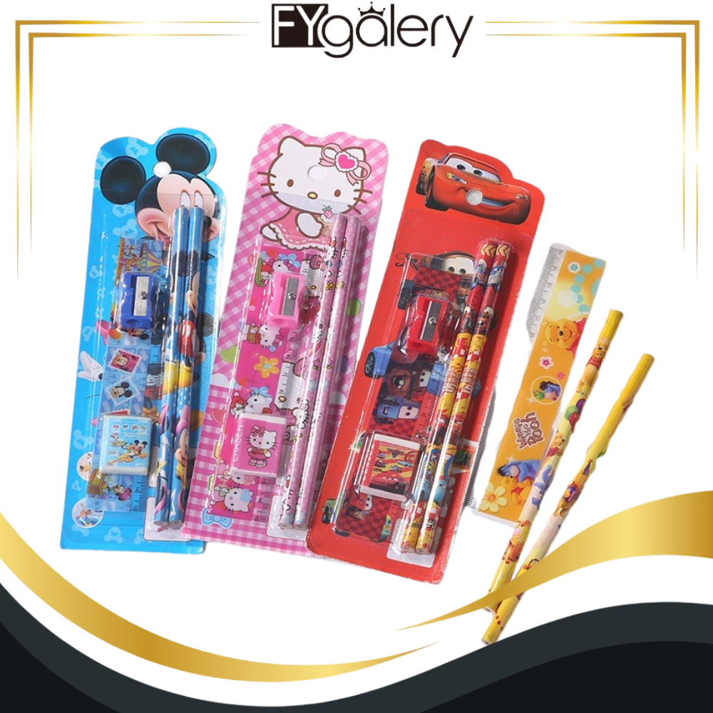 

FYgalery Stationery Set 5 in 1 Alat Tulis Anak Sekolah Penghapus Penggaris Pensil Serutan Karakter Lucu Random Y9011