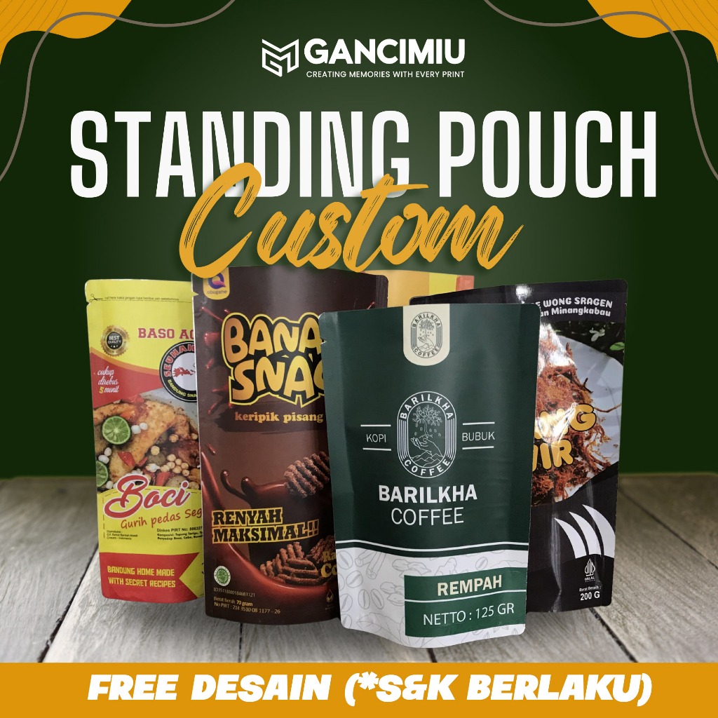 Cetak Kemasan Standing Pouch Makanan Custom Ziplock Free Desain