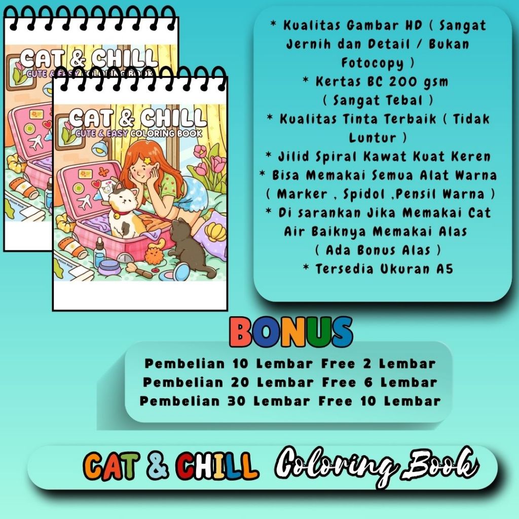 

CAT & CHILI Coloring Book Cute And Easy Buku Mewarnai A5 A4 Gambar HD Jernih Kertas Premium Tebal
