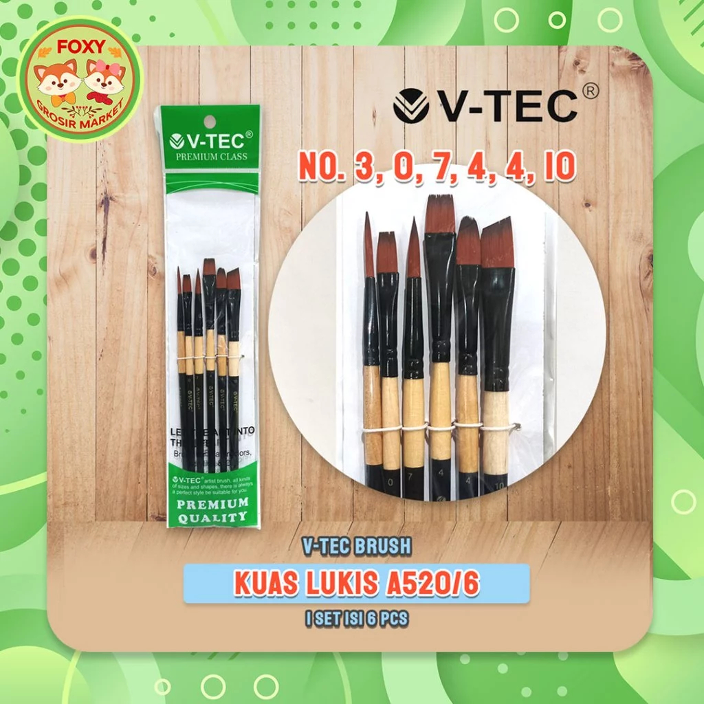 

Kuas V-TEC tipe A520/ 6 SET / Kuas Lukis VTEC / Brush for Watercolor Acrylic, Oil / 6 Ukuran V Tec No. 3 No. 0 No. 7 No. 4 No. 4 No. 10 2