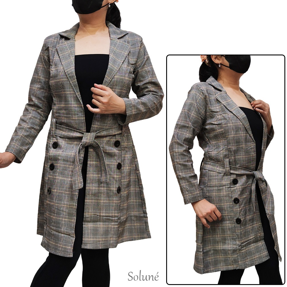 Monica Long Coat Blazer | Outer Panjang Motif Plaid Kerja Kantoran Cewe Wanita Korean Style