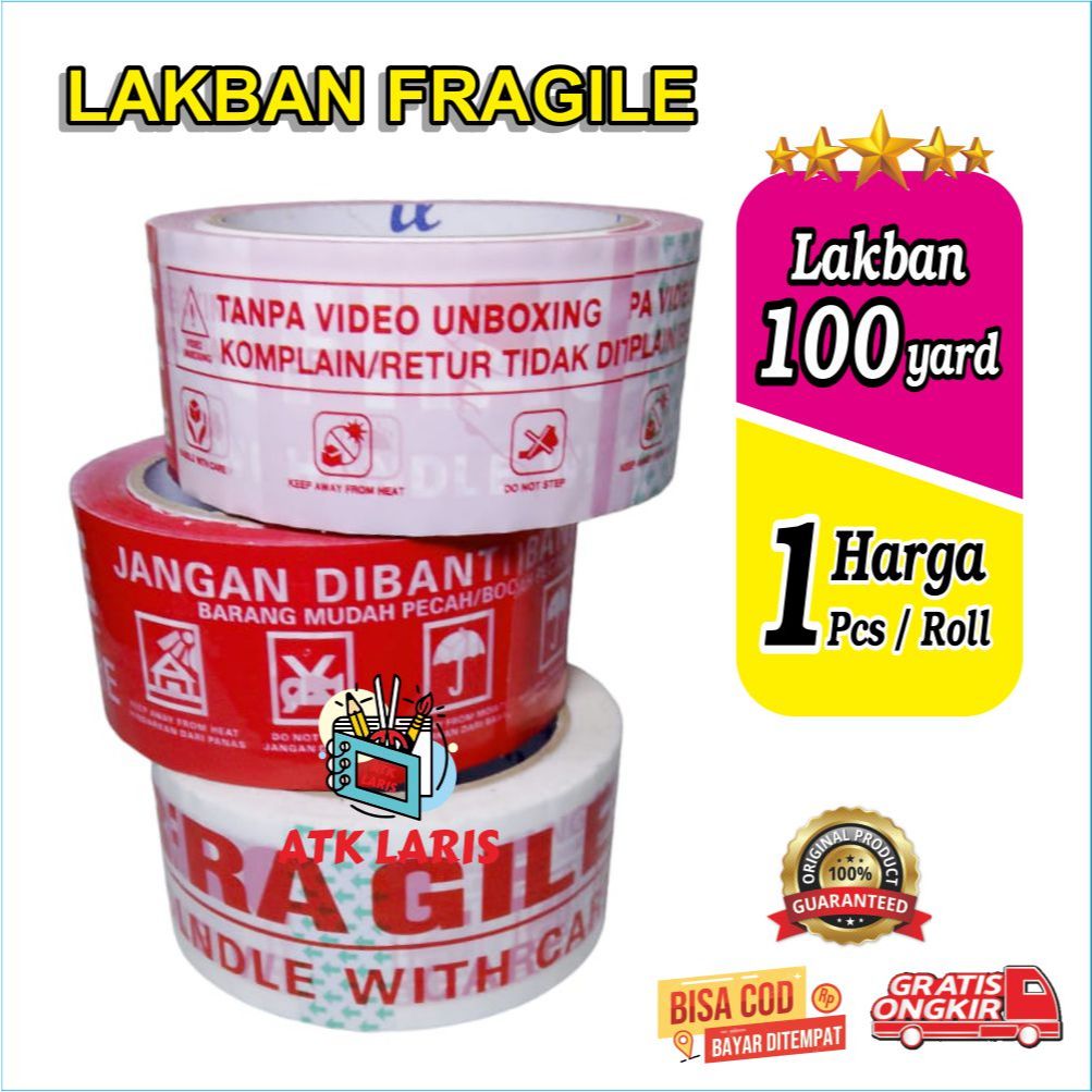 

TAPE LAKBAN FRAGILE MERAH & PUTIH JANGAN DIBANTING 48mm PANJANG 100 YARD HARGA 1 PCS