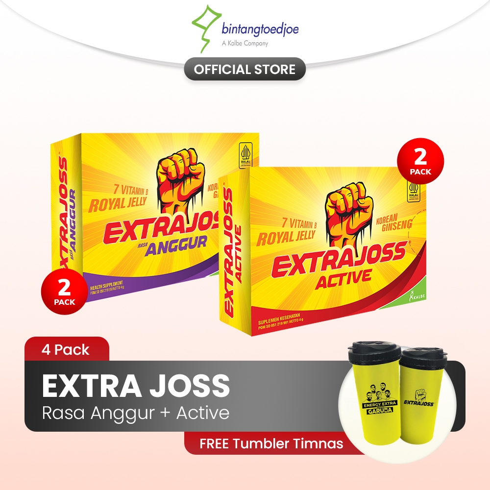 

Extra Joss Active 2 Pack (24 Sachet) + Extra Joss Laki Anggur 2 Pack (12 Sachet) FREE Tumbler Timnas