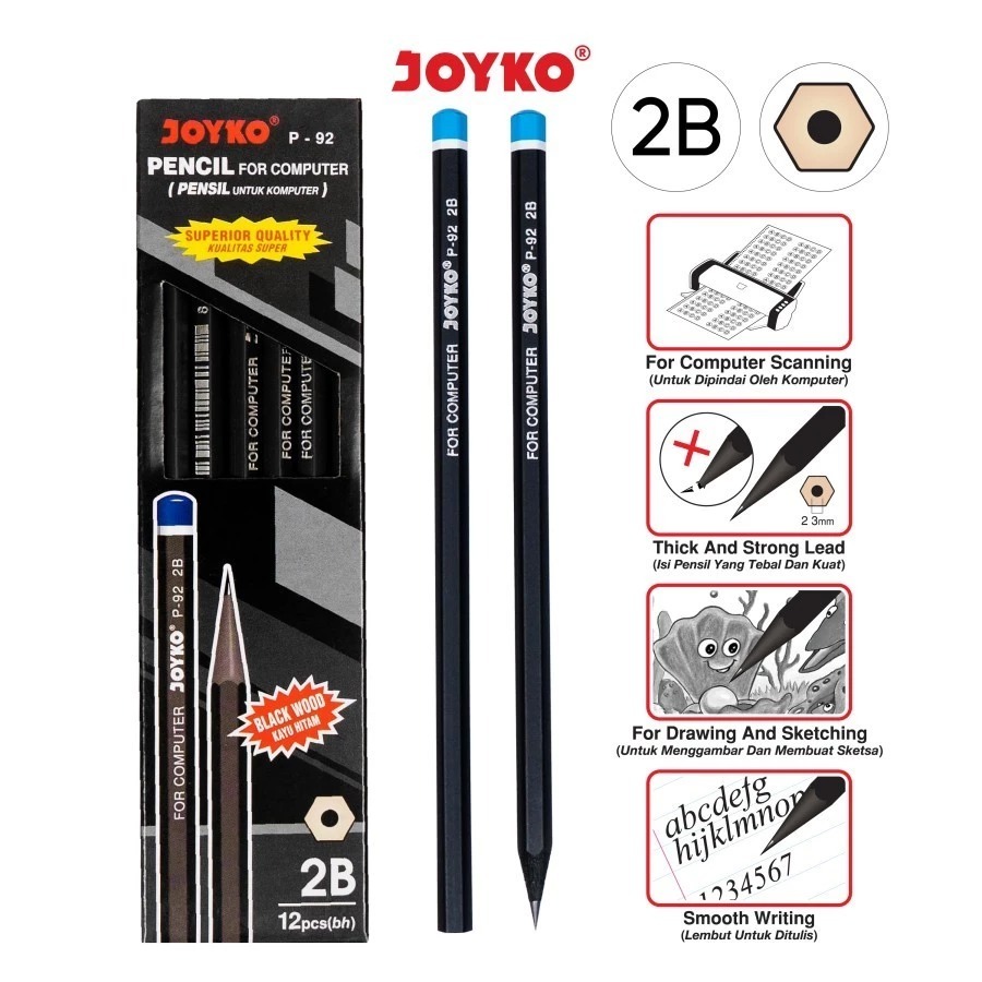 

PENSIL JOYKO P-92 2B BLACK WOOD/PENSIL FOR COMPUTER GROSIR 1 PACK (ISI 12 PCS)