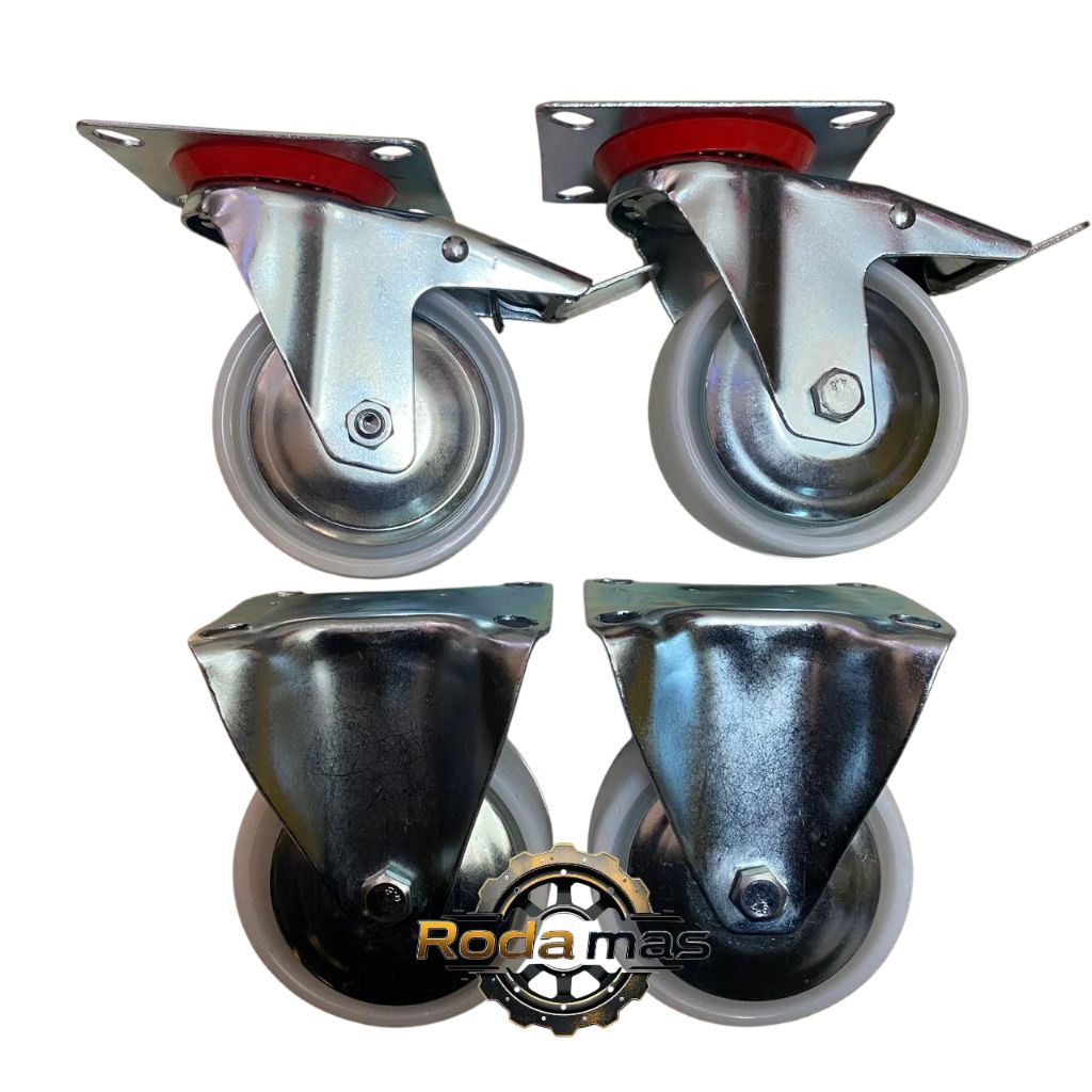 roda troli 5 inch nilon 1 set ( 2 roda rem 2 roda mati ) roda etalase putih / roda lori 5in