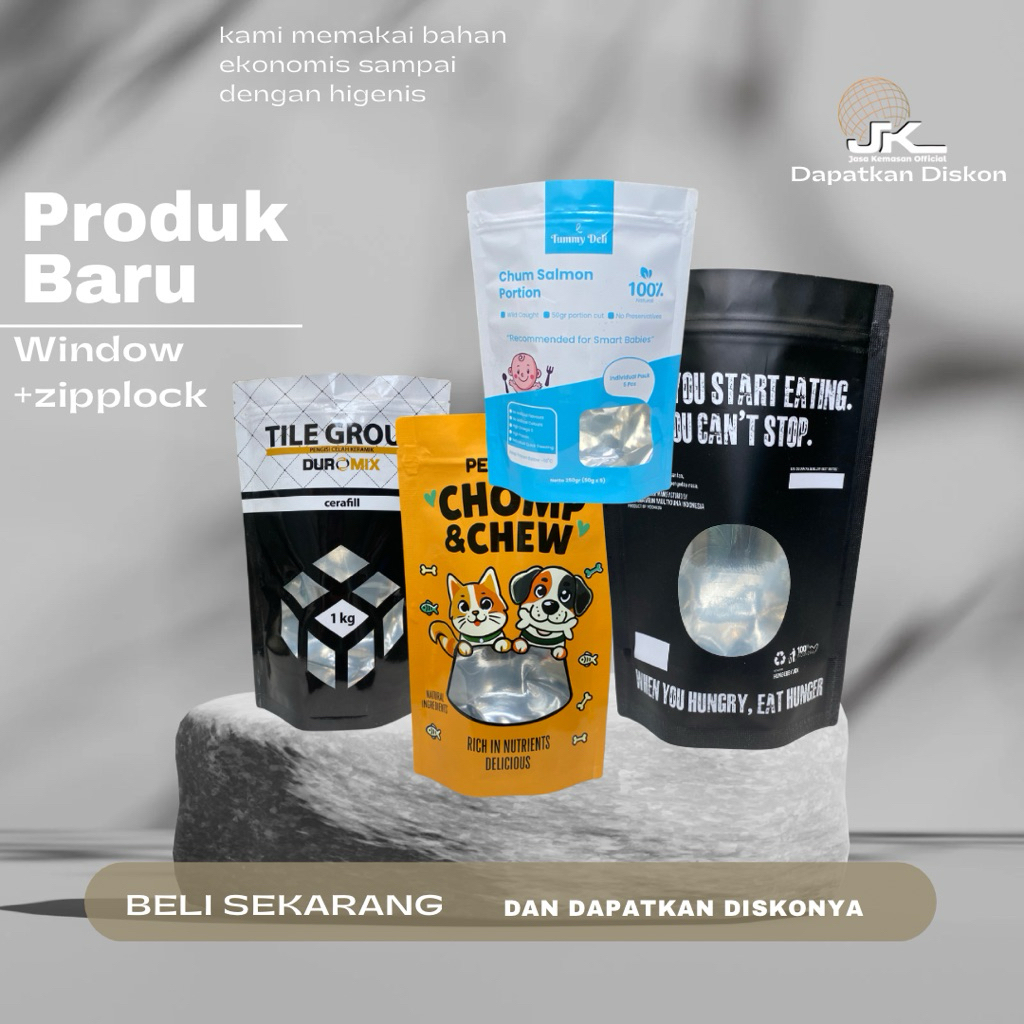 kemasan StandingPouch WINDOWS Custom Printing Papermetalize  Non Ziplock / Ziplock 1000pcs