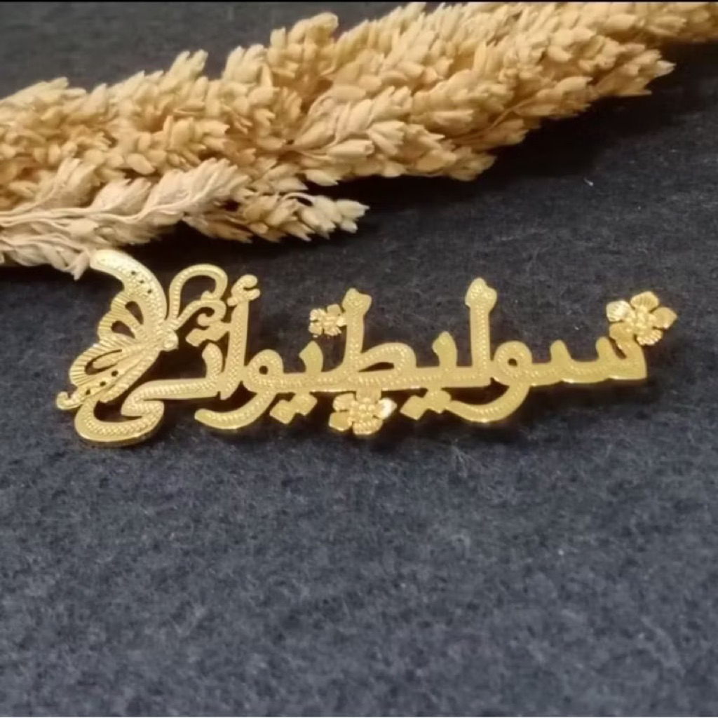 bros arab font custom nama tulisan arab kupu kupu bros hijab bunga wanita muslimah