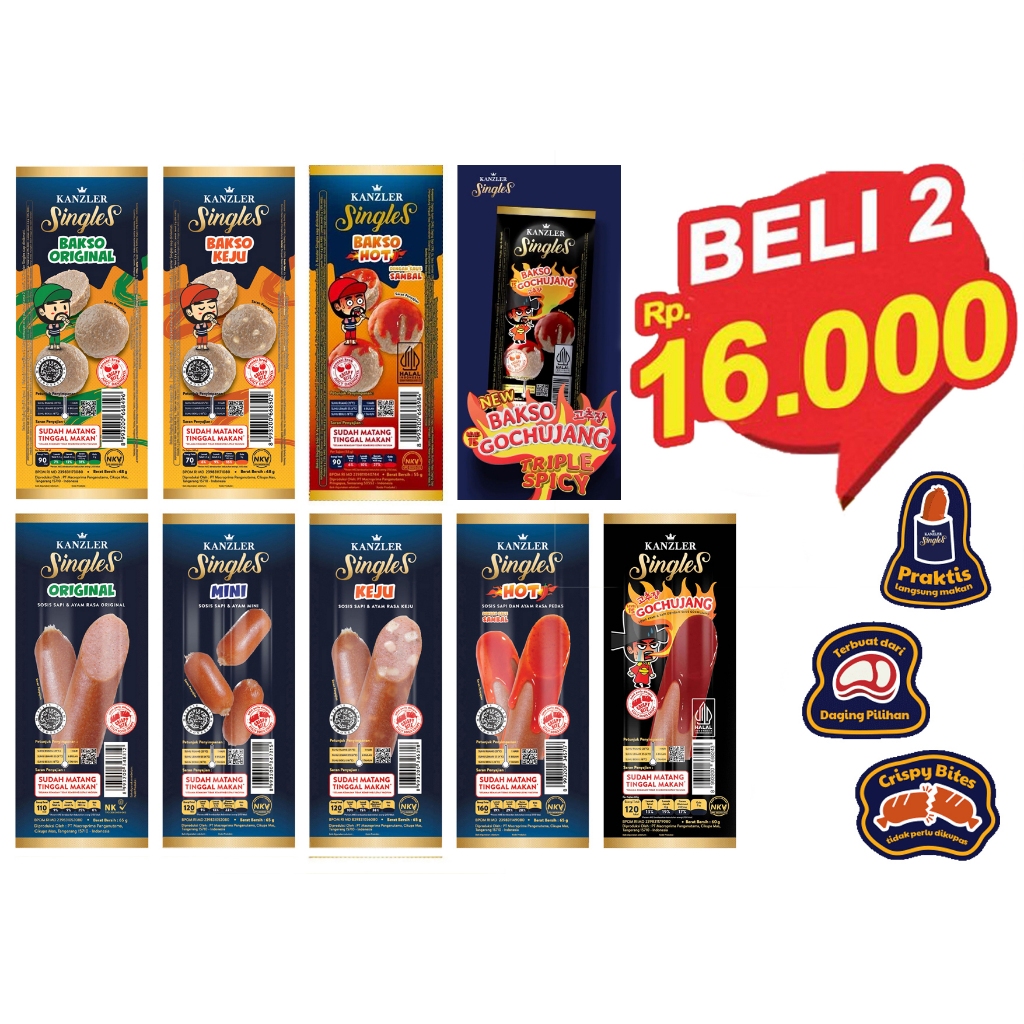

KANZLER Singles *65gr 65 gram* Sosis Original | Sosis Hot | Sosis Keju | Sosis Gochujang | Sosis Mini -- *48gr 48 gram* Bakso Original | Bakso Keju | Bakso Hot