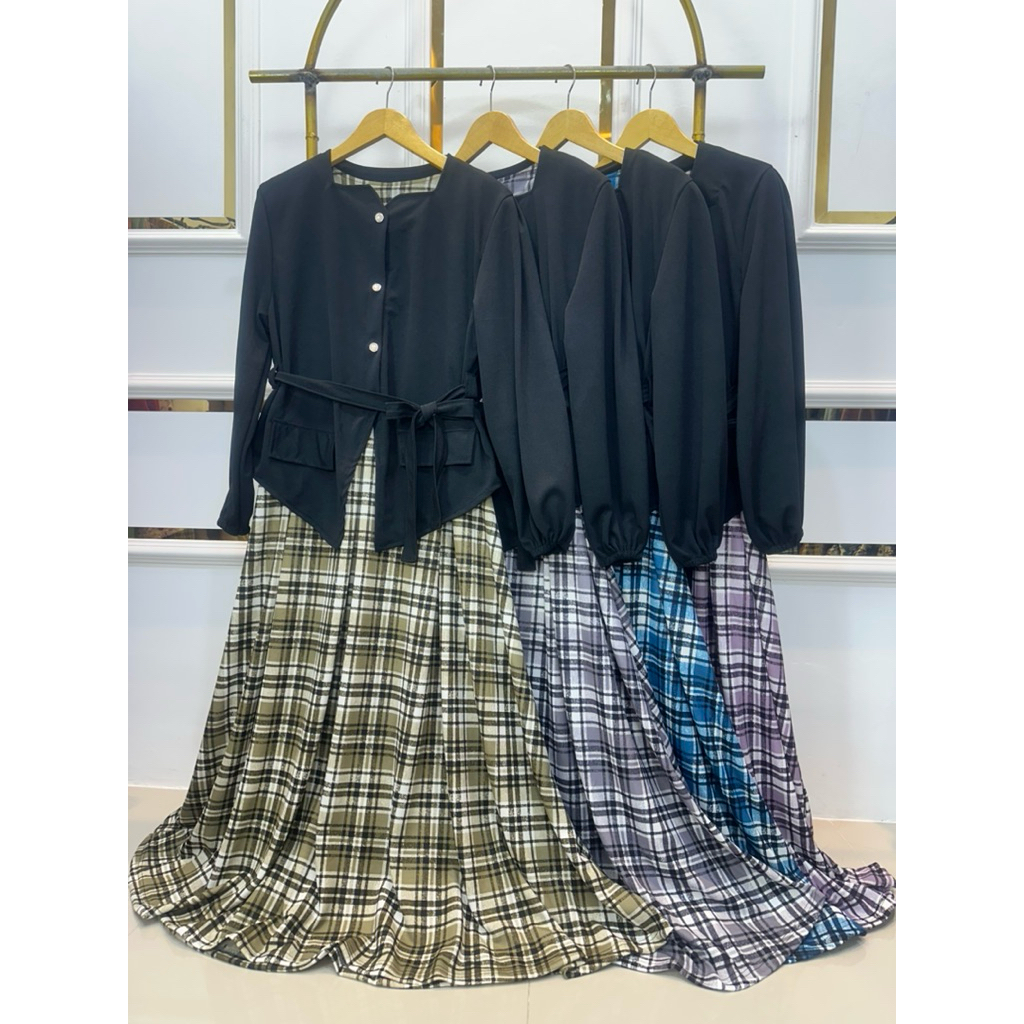 Fubuki Dress Set 3in1 Gamis Casual Trendy Terbaru dengan Rompi dan Tali - Bahan Voxy Premium Melar