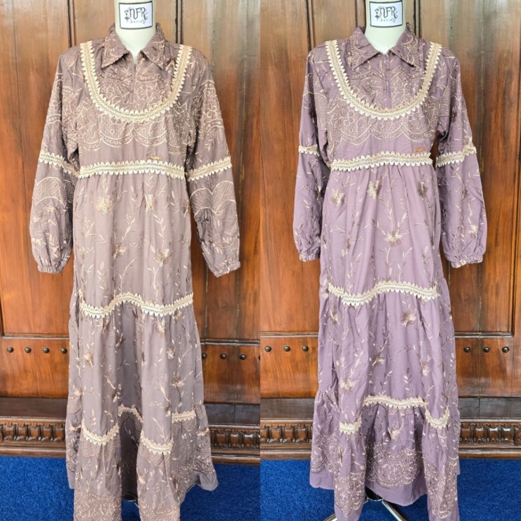 Midi Dress Gamis DUO TIANG KODE C katun Bordir renda LD 100-105 PB140 NFRBUTIK