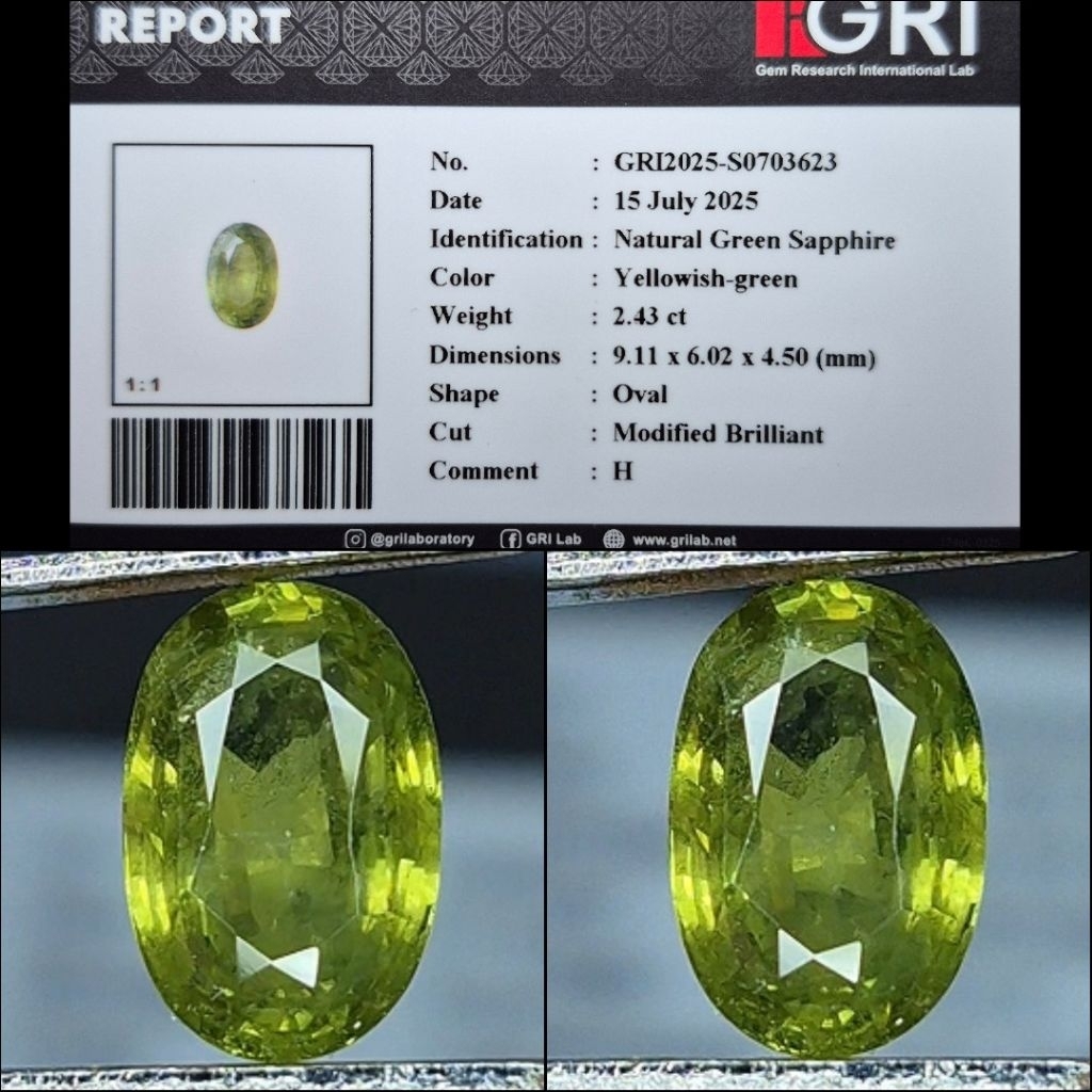 Natural Green Sapphire 2.43 crt Memo GRI Lab