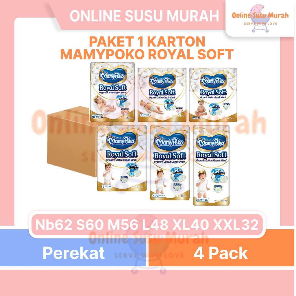MAMYPOKO ROYAL SOFT TAPE PAKET 4 BALL / 1 KARTON NB62 S60 M56 L48 XL40 XXL32 COTTON ORGANIC PPKS