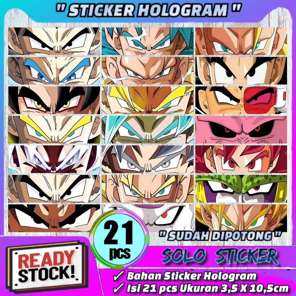 

Sticker Anime Mata Dragon Ball 21 pcs Bahan Hologram Anti Air Sudah Dipotong