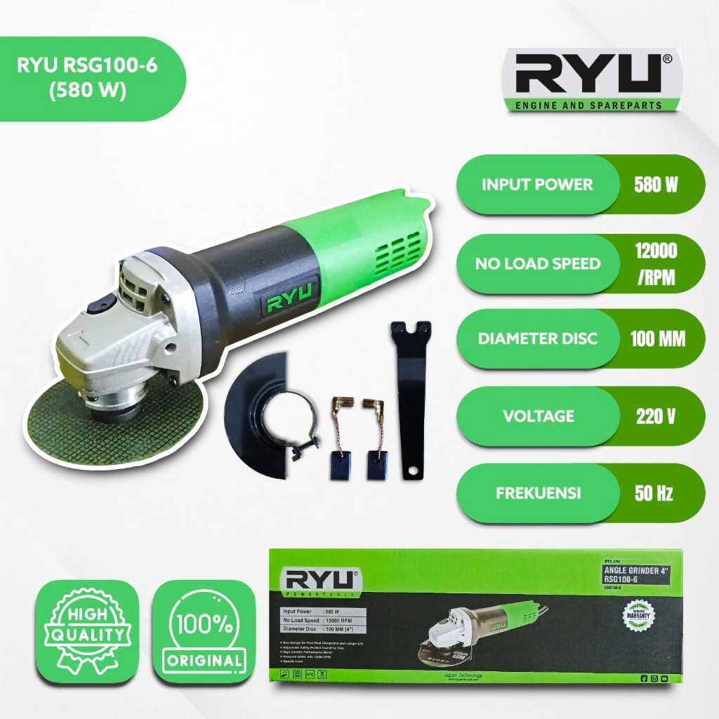 Mesin Gerinda Tangan 4 Inch 580 Watt Gerinda Listrik RYU / Angle Grinder RYU RSG 100-6