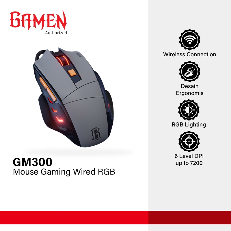 GAMEN Mouse Gaming Kabel 7200 DPI 6 Level DPI 16.8 Juta Warna RGB 13 Mode RGB GM300 Black Myth Wukon