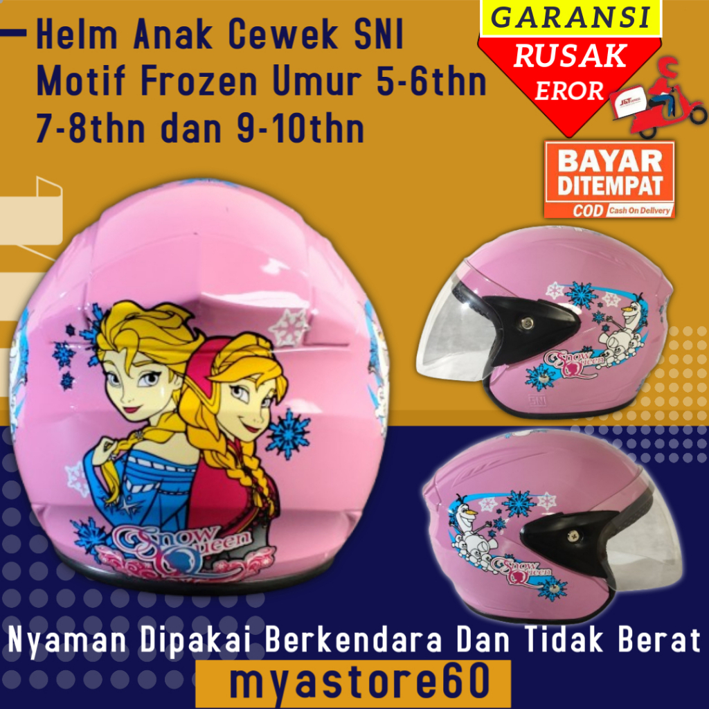 Helm Anak Anak Cewek Helem Helm SNI Pink Perempuan Motif FROZEN Umur 5 6 7 8 9 dan 10 tahun