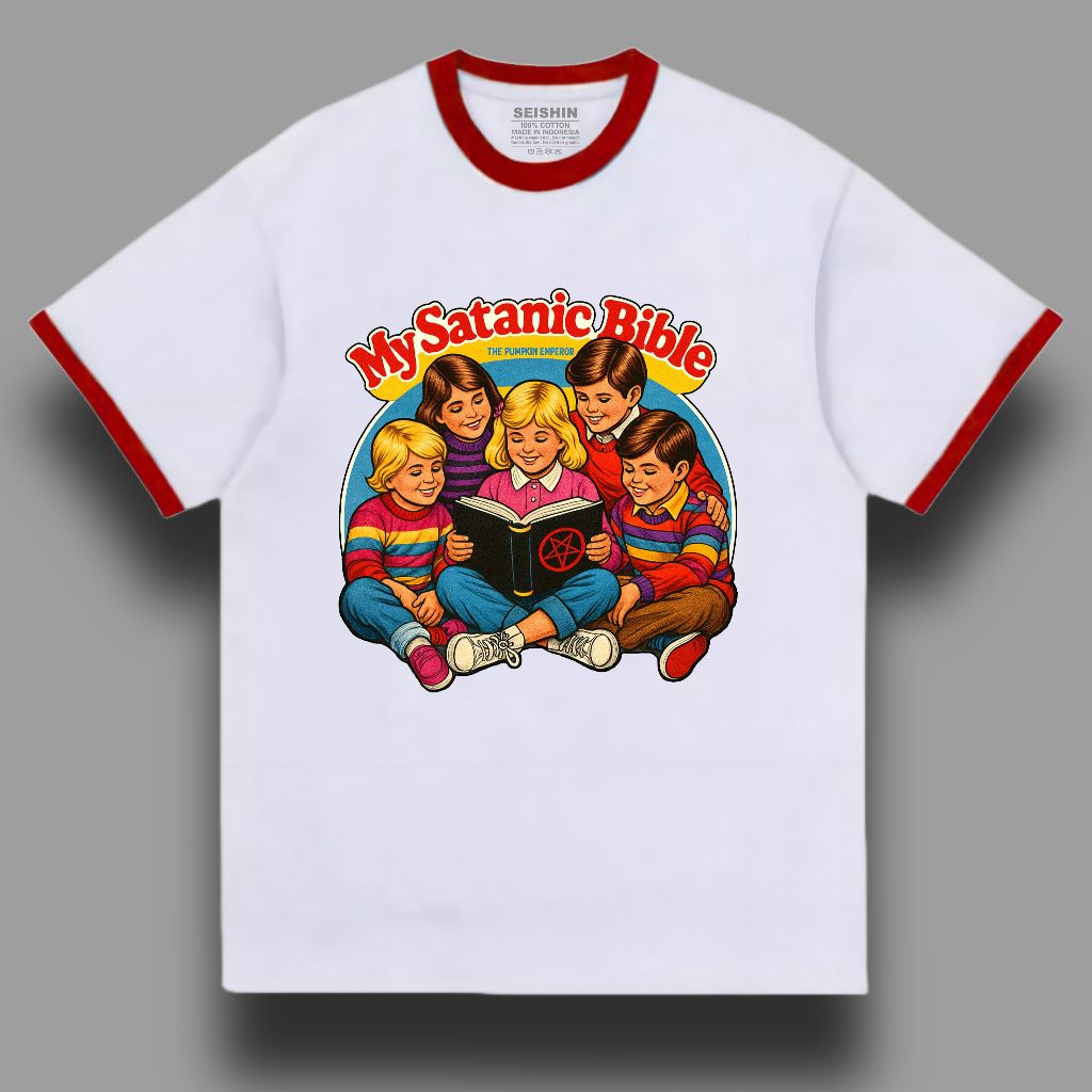 Seishin T-shirt Ringertee My satanic bible kaos vintage unisex warna putih