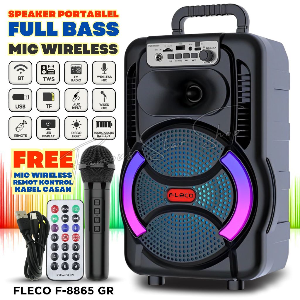 Speaker Bluetooth Full Bass FLECO F-8865 GR FREE MIC WIRELESS + REMOT + CASAN TIPE-C | Speaker Aktif