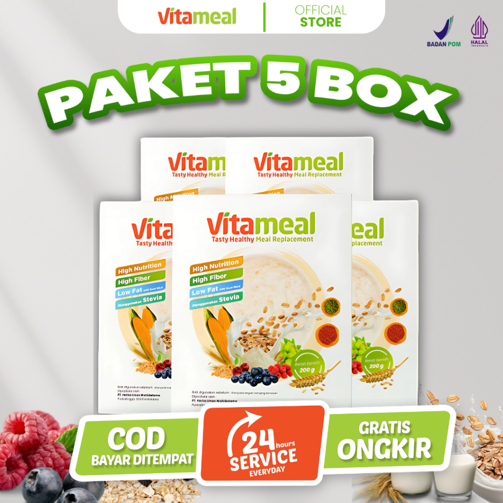 

[ PROMO ] PAKET 5 BOX - Vitameal Sereal Multigrain Sehat Rendah Gula Solusi Pnderita Diabetes Asam Lambung Gerd Tekanan Darah Hipertensi VITAMIL HIPERTENSI