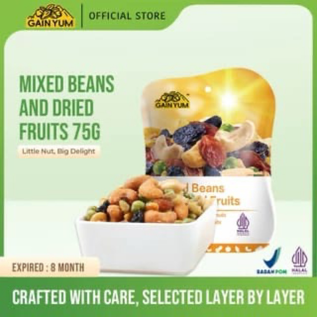 

GAIN YUM CEMILAN SEHAT HALAL 75gram MIXED BEANS/ SUNFLOWER SEEDS/ BROAD BEANS/ GREEN PEAS