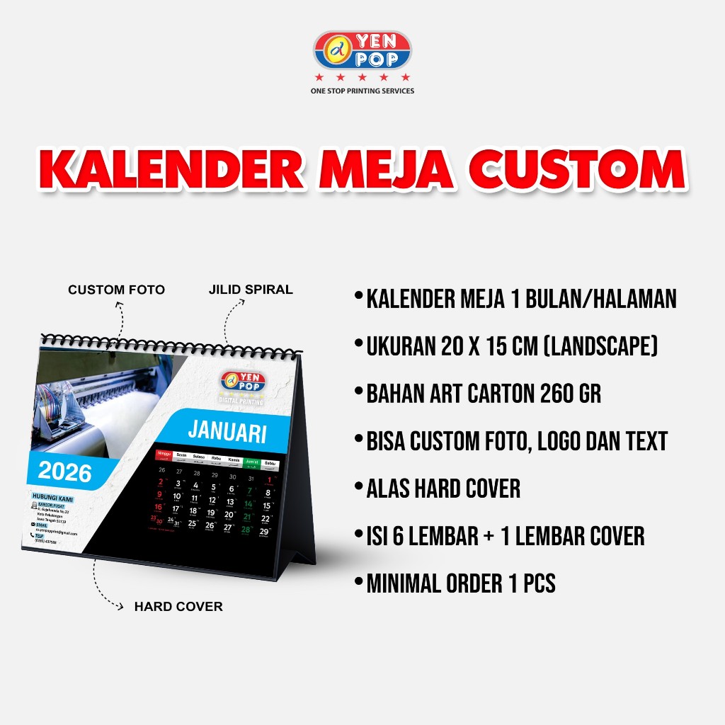 

Kalender Meja 2026 Uk. A5 Alas Hard Cover ( tambah Foto , Text , Logo )