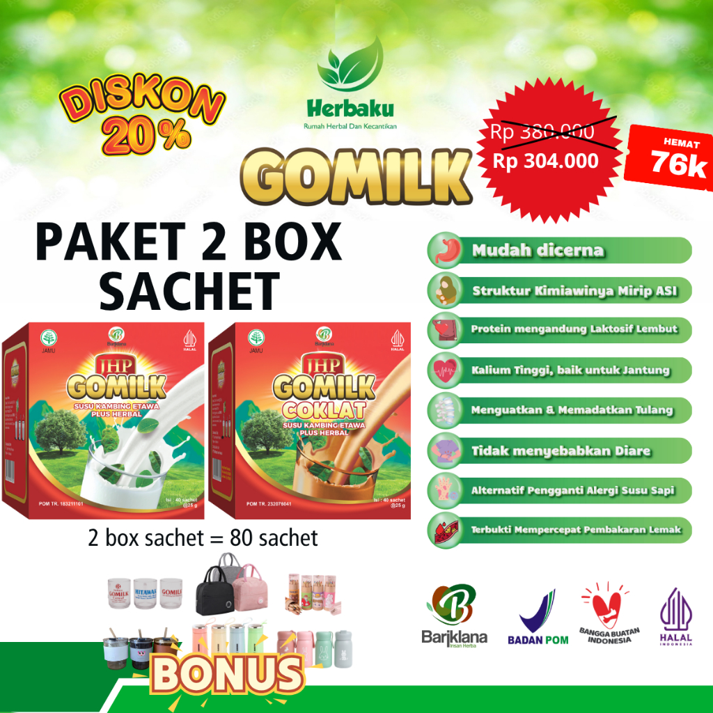 

Susu Kambing Gomilk 2 Box Sachet isi 80 sachet bisa pilih rasa dan hadiah herbaku sukoharjo