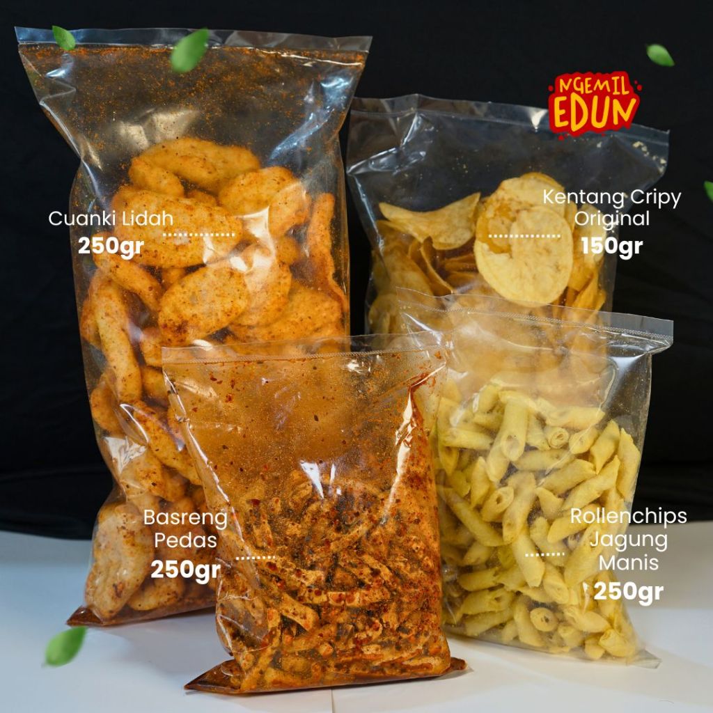 

Ngemil Edun - Bundle 11 - Cemilan Mix Isi 5 - Cuanki, Rollen, Basreng, Kentang, Singkong