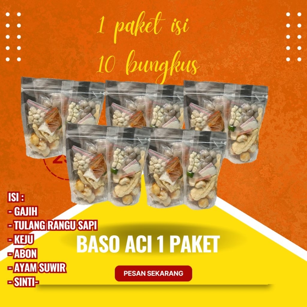 

baso Aci 1 paket isi 10 bungkus isi gajih, tulang rangu, ayam, sinti,keju dan abon paket kumplit