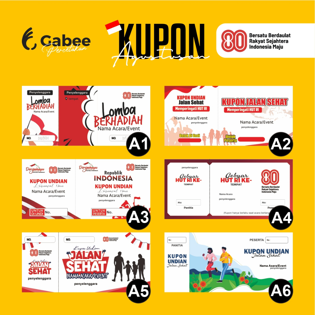 

KUPON JALAN SEHAT AGUSTUSAN HUT RI KE 80, PER BENDEL TANPA MIN ORDER BISA GANTI TULISAN