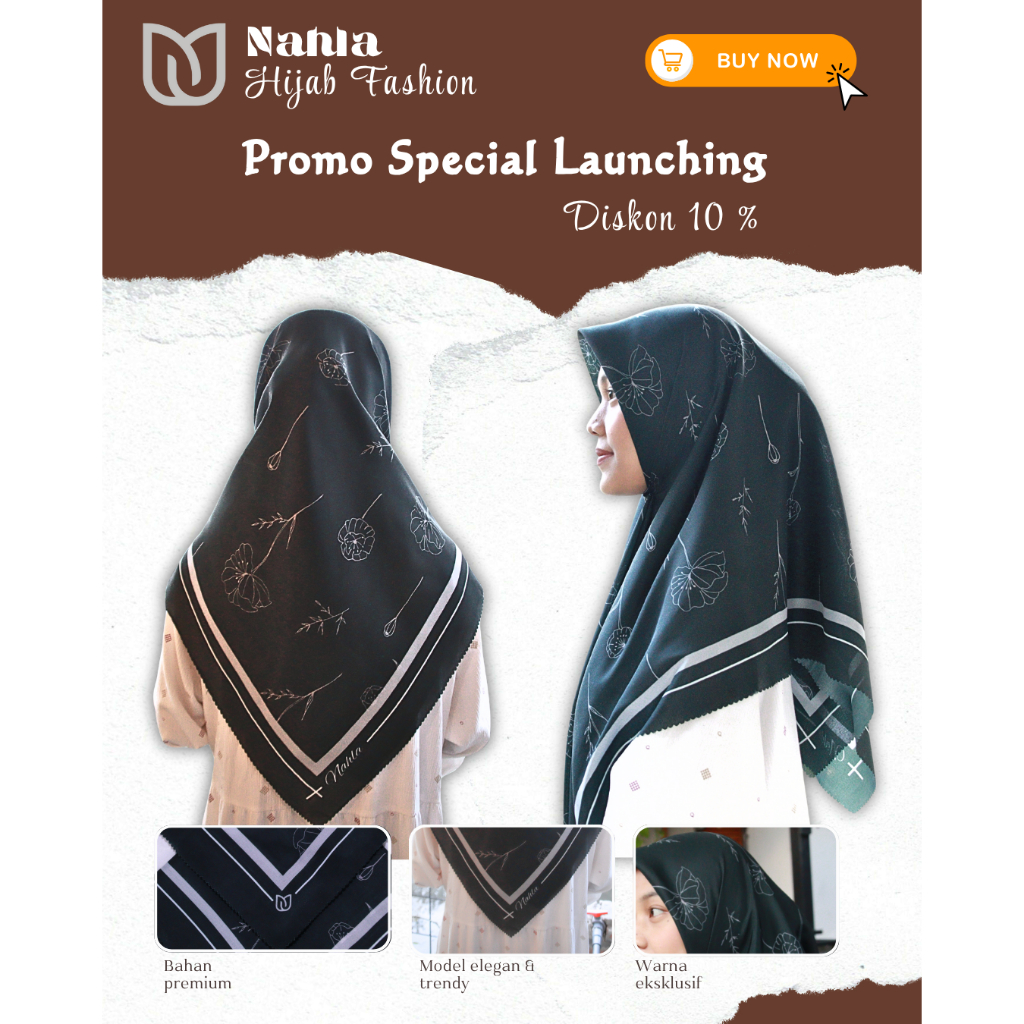 NAHLA HIJAB I Jilbab Segi Empat motif Rose series hitam putih