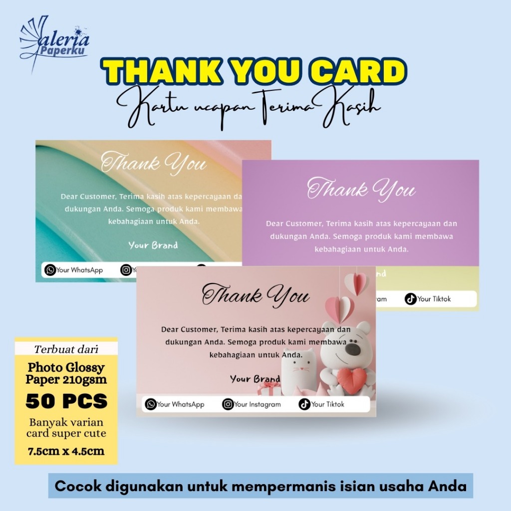 

[Isi 50 pcs] Thank You Card Bisa Custom - Greeting Card Bisa Desain Sendiri Photo Glossy 210gsm Tanpa Pre Order