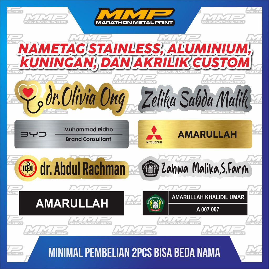 

Name tag ukir / Nama Dada Custom Etching Alumunium, Stainless, dan Kuningan Stainless Grafir Magnet