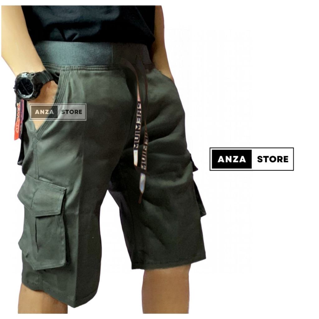 Celana Cargo Pendek pria/laki-laki Chinos Cargo Rip Pinggang Karet Polos Bahan Diamonds Original Pre