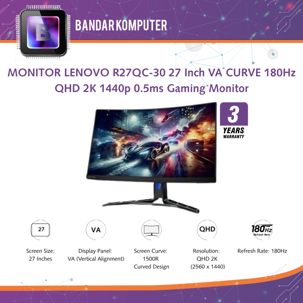 LENOVO R27QC-30 27 Inch VA CURVE 180Hz QHD 2K 1440p 0.5ms Gaming Monitor
