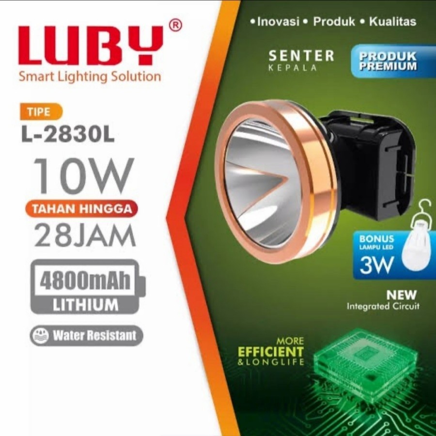 Luby Senter Kepala L2830L 10W Tahan 28Jam 10Watt Ring Kuning Free LED 3W