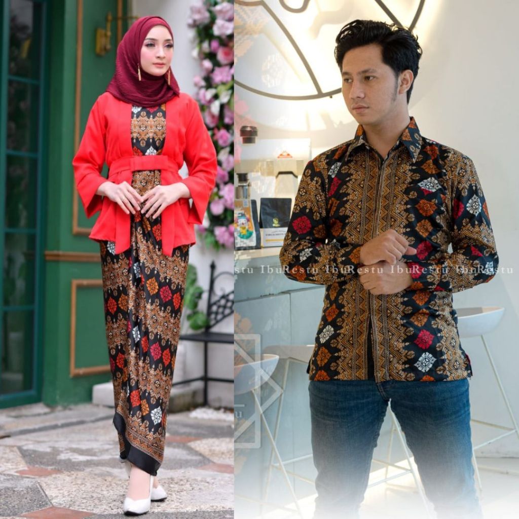 Setelan Kebaya KutuBaru Combi Elnira Silver Couple Kemeja Batik Pria Lengan Panjang Set Rok Kain Lil