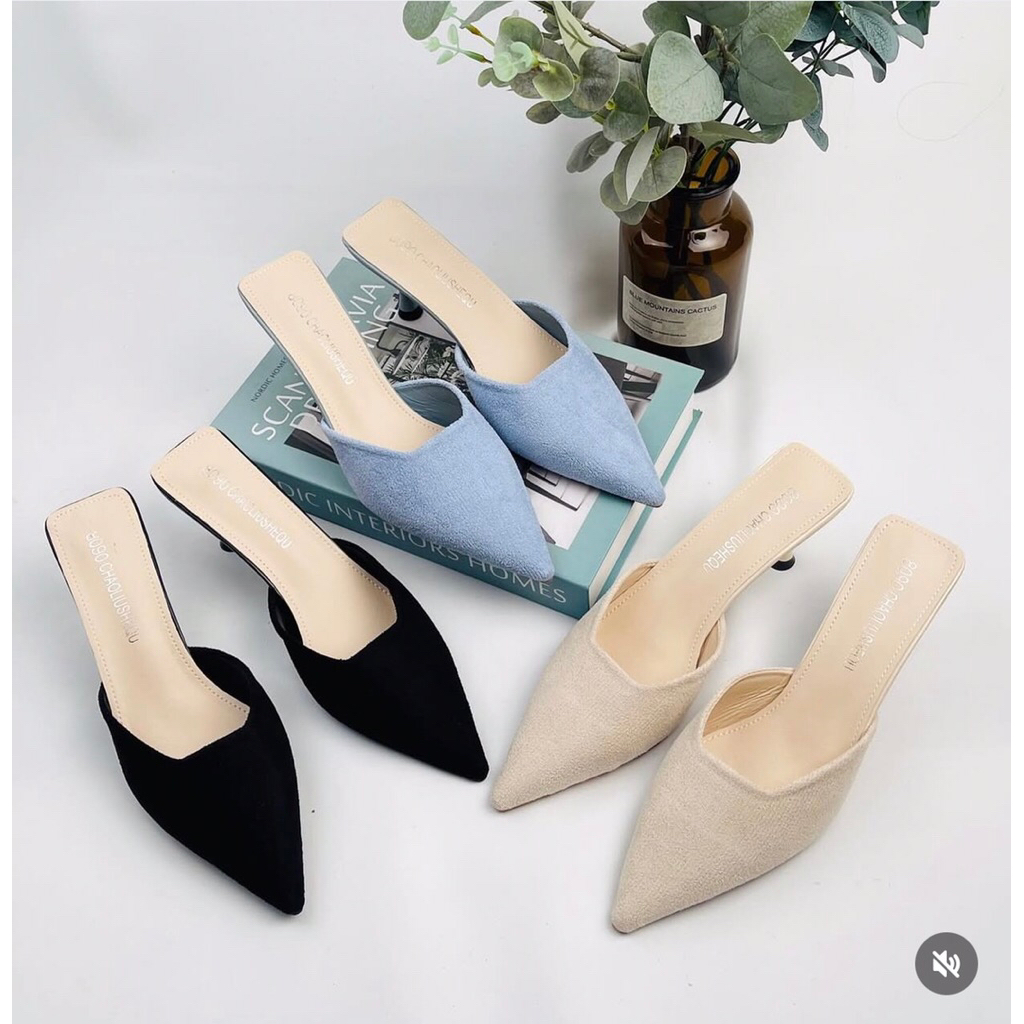 7501 selop sendal sepatu cewek best seller kondangan nyaman hak lancip 5cm Heels selop hitam cream b