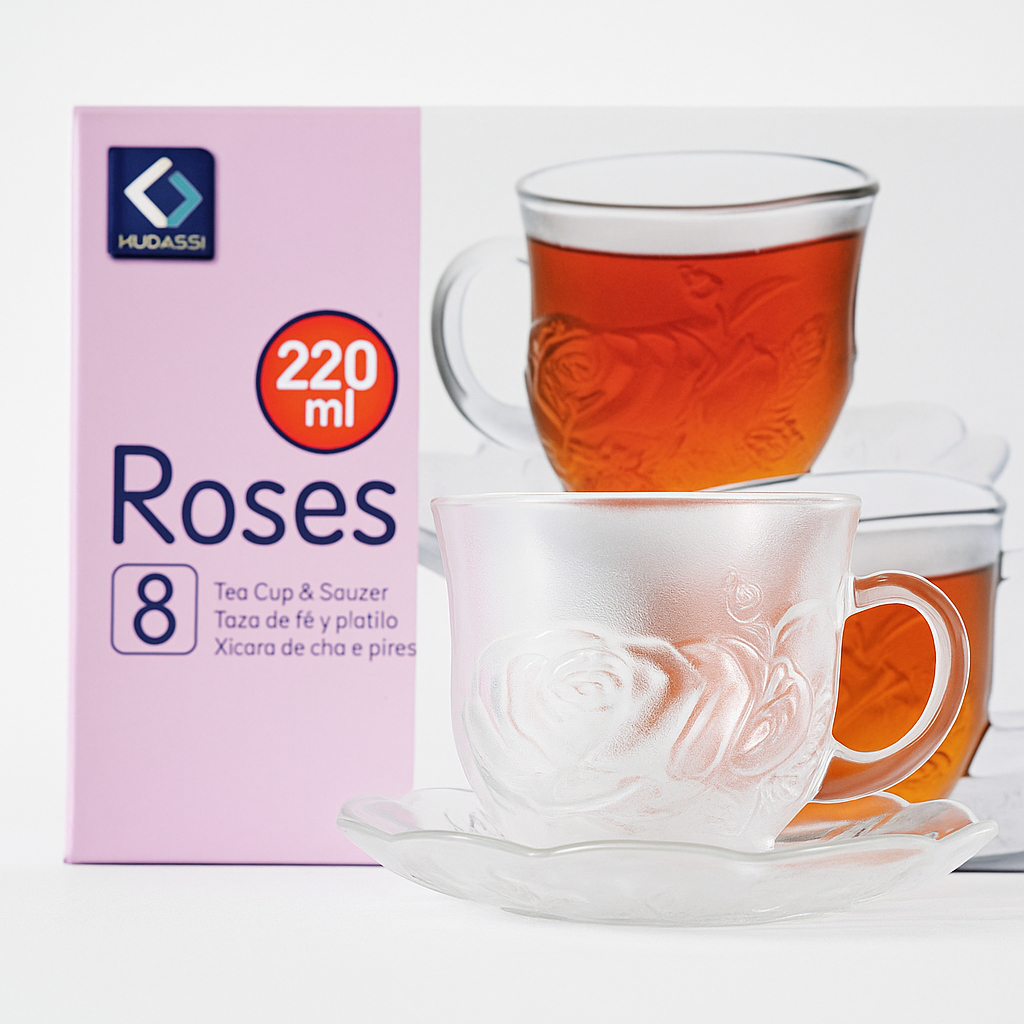 IDOLMART Set Cangkir dan Piring Kaca KIMGLASS Roses 220 ml 8 Pcs Motif Bunga Elegan