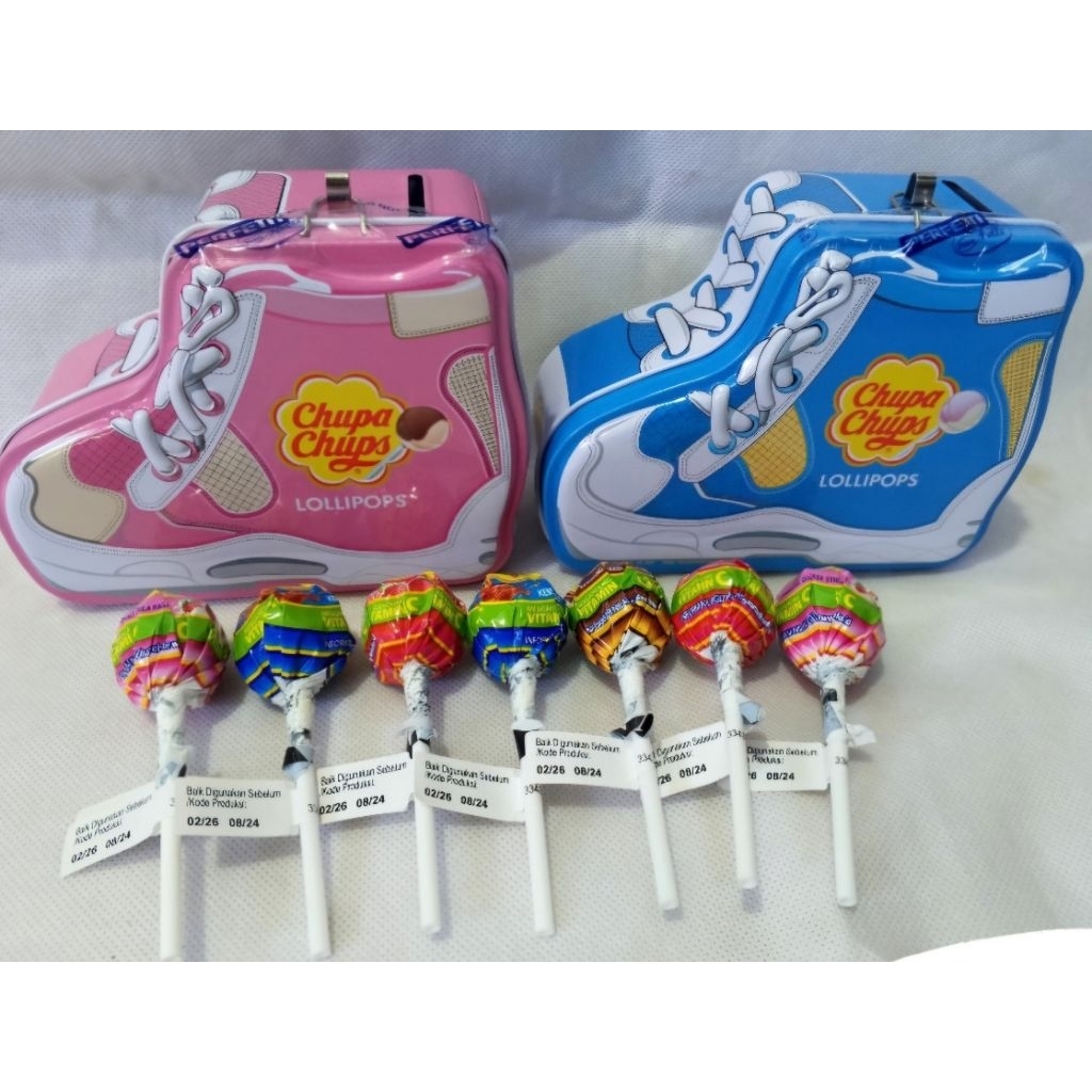 

chupa chups shoes tin box celengan / chupachups celengan permen isi 7
